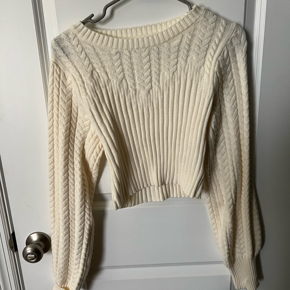 Altar'd State Cream Crew Neck Cable Knit Sweater